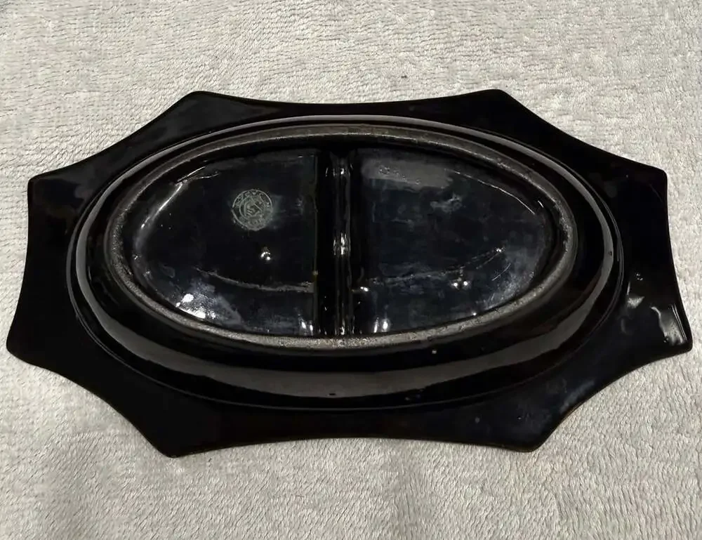 Vintage Handpainted Divided Trinket Dish Black Floral